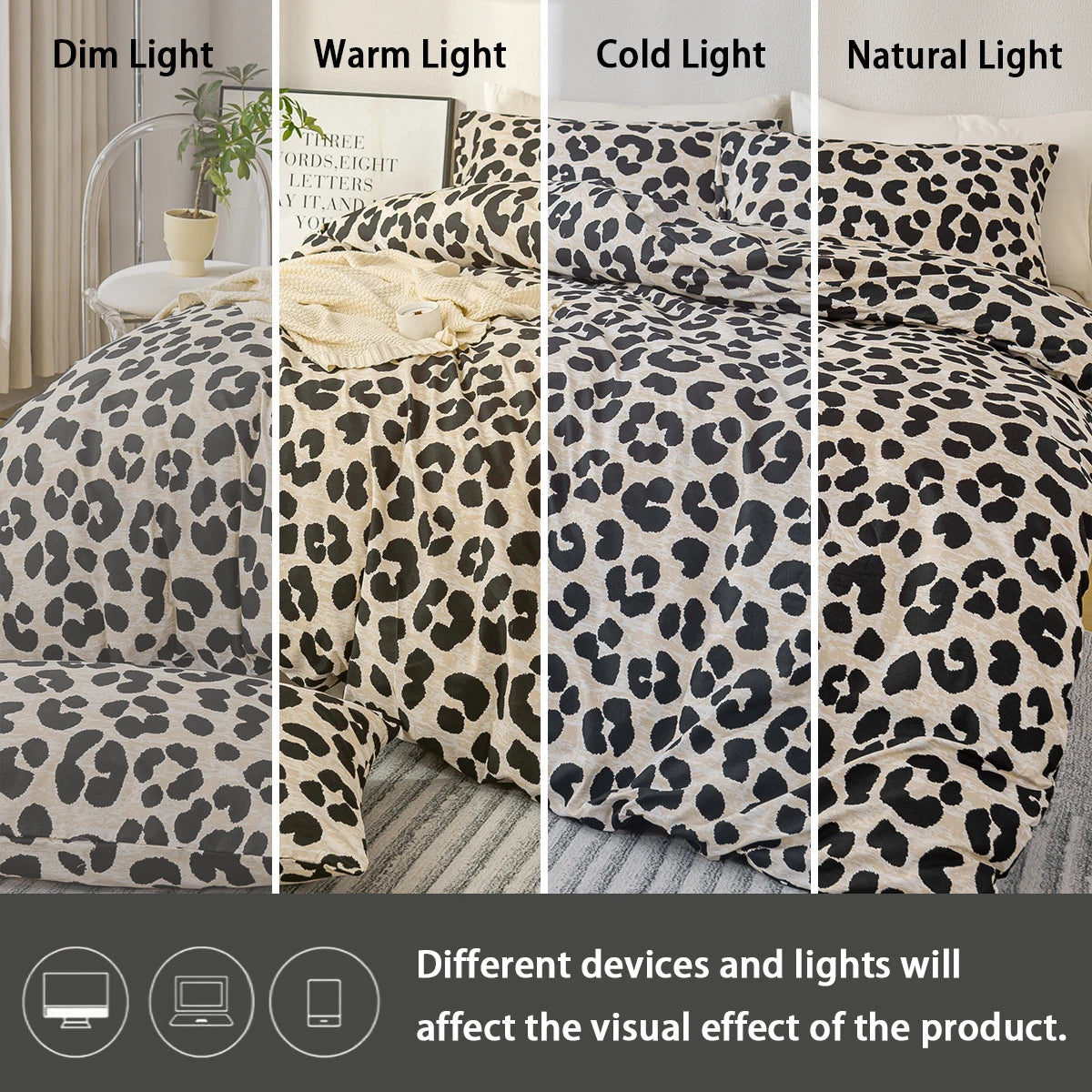 A set of leopard print duvet covers shown in dim, warm, cold, and natural light to demonstrate different visual effects.