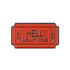 Vintage enamel airline ticket lapel pin in orange-red with the text HELL ADMIT ONE