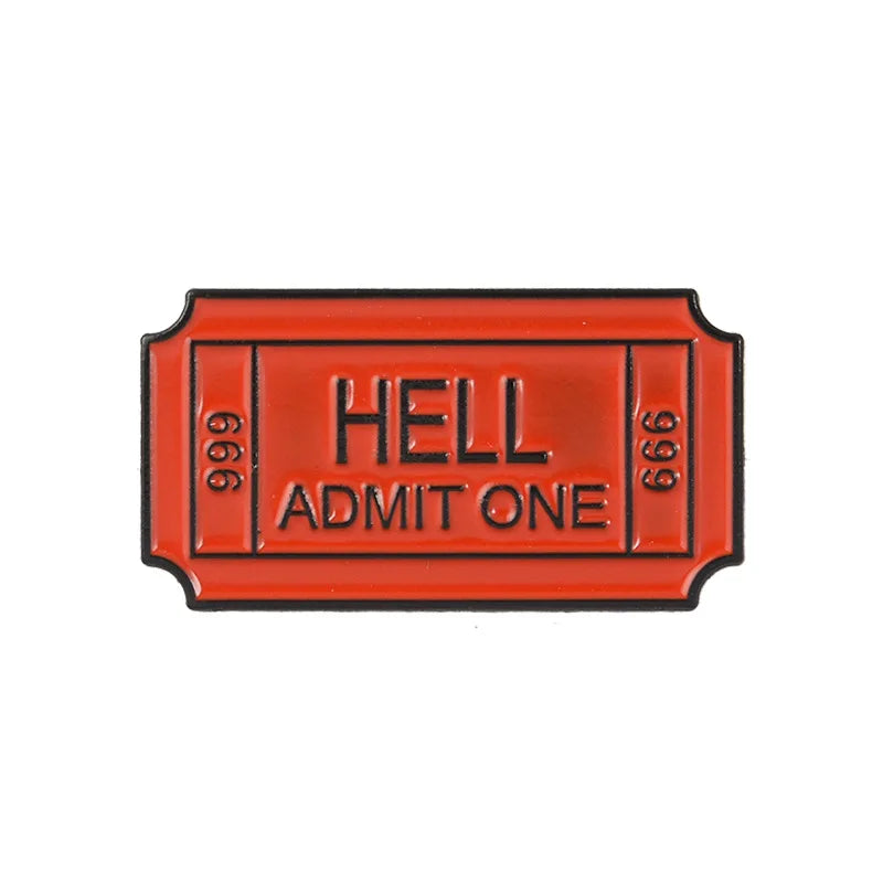 Vintage enamel airline ticket lapel pin in orange-red with the text HELL ADMIT ONE