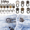 A collection of 2 to 5 metal extender buttons for jeans and clothing, shown alongside denim fabric.