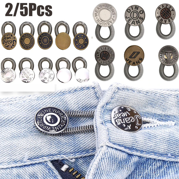 A collection of 2 to 5 metal extender buttons for jeans and clothing, shown alongside denim fabric.