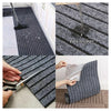 Self-adhesive striped runner rug shown being used for easy cleaning and placed on a floor.