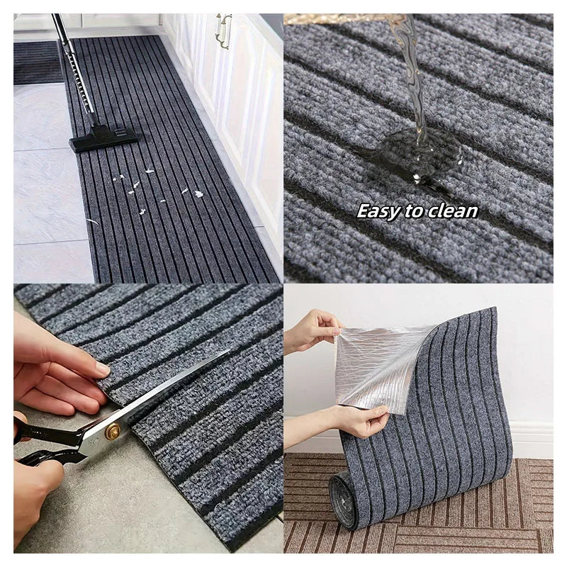 Self-adhesive striped runner rug shown being used for easy cleaning and placed on a floor.