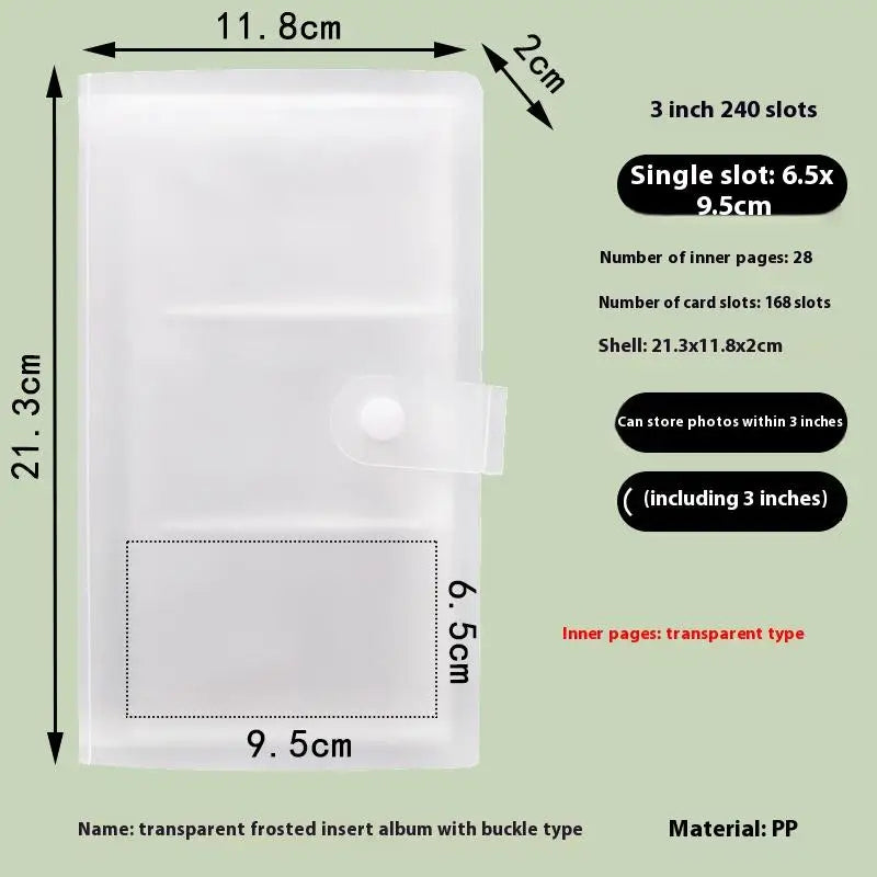 A transparent frosted insert album with a buckle type, made of PP, showing its dimensions and features.