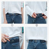 A close-up diagram showing the step-by-step method for adjusting a lazy belt system on pants.