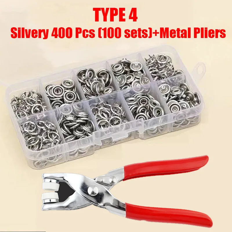 Silver Type 4 set of 400 metal prong snap button fasteners and metal pliers in a clear plastic container