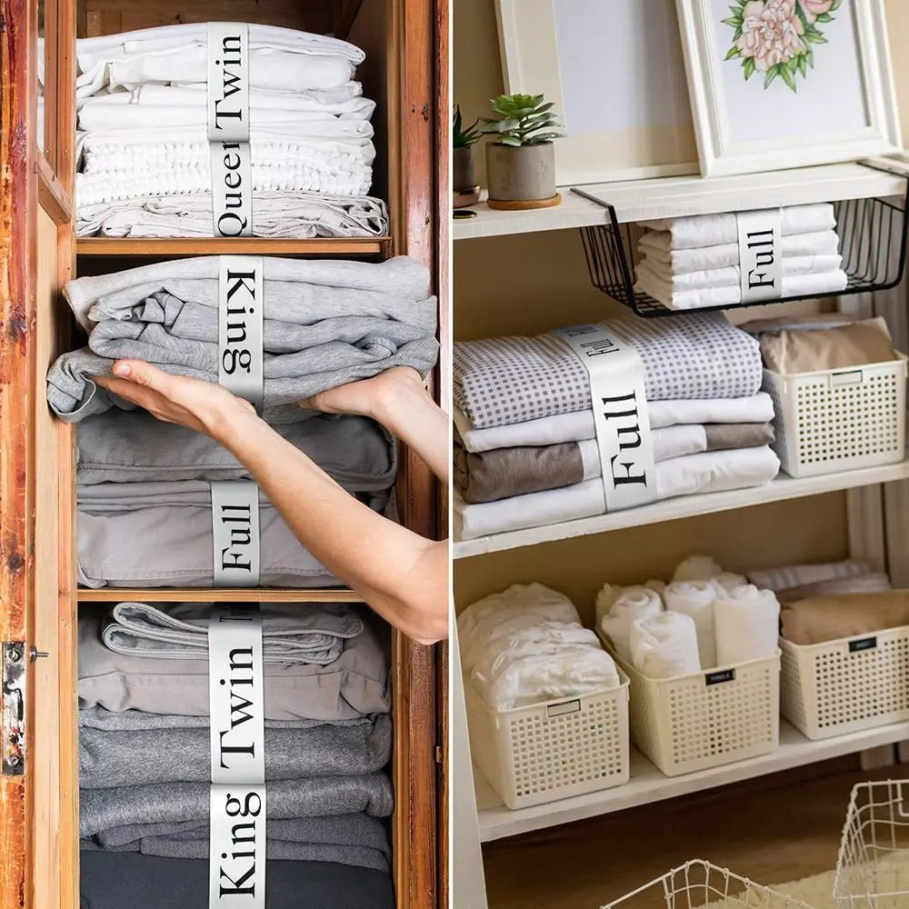 A close-up of adjustable bed sheet organizer straps holding neatly folded gray and white linens in wooden drawers.
