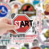 A hand holds a red hexagonal start decal with white text on a background of various meme graphics.