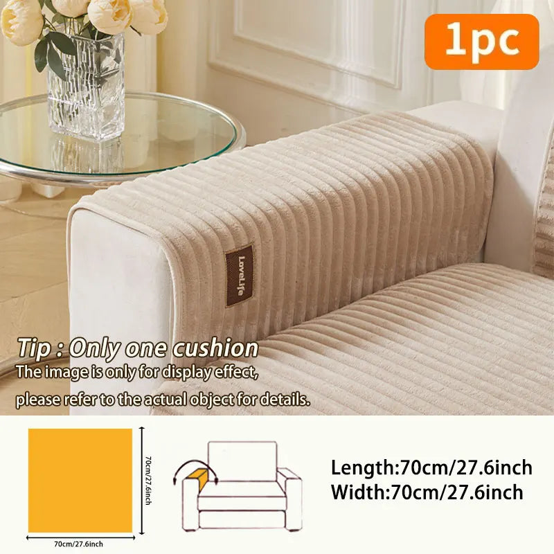 A beige minimalist anti-slip sofa cushion shown next to a glass and a yellow square for size reference.