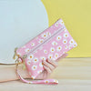 A pink floral patterned coin purse with a gold chain and wrist strap is held by a hand against a yellow background.