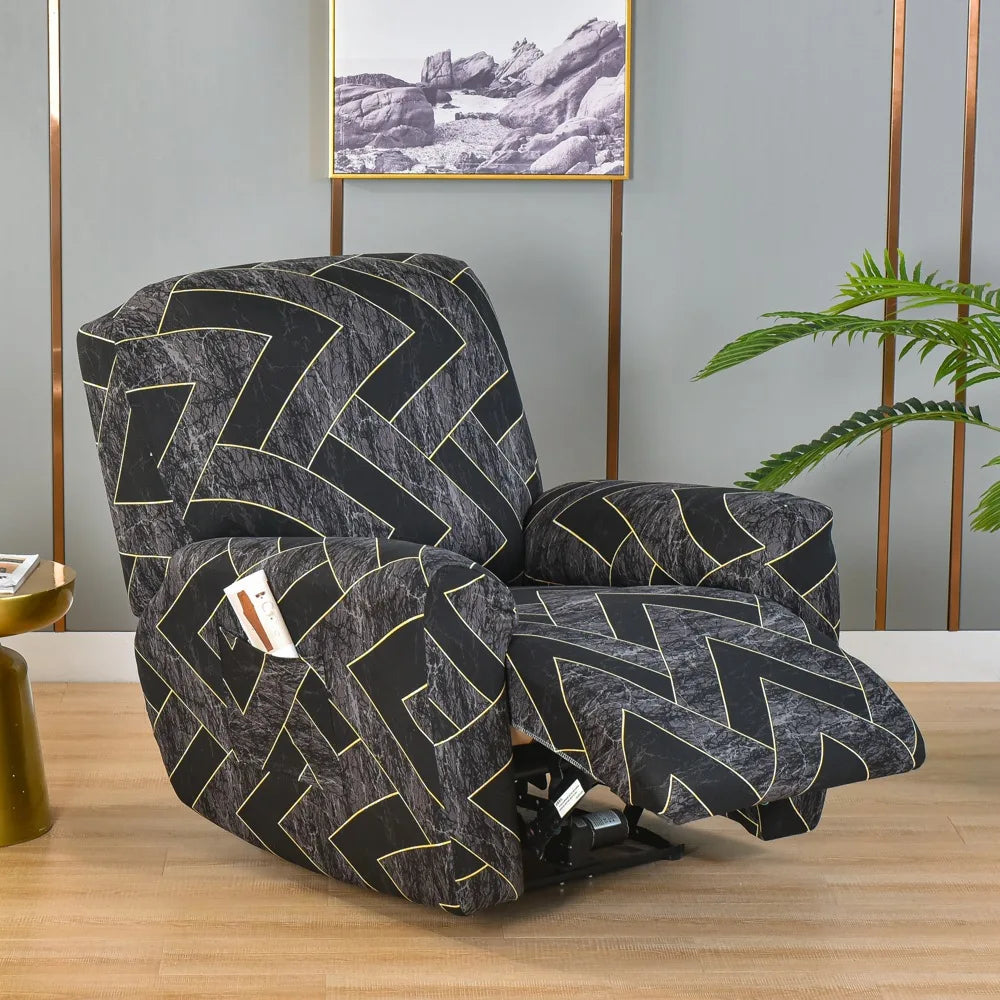 A black and gold patterned floral print recliner and sofa slipcover set displayed in a modern room.