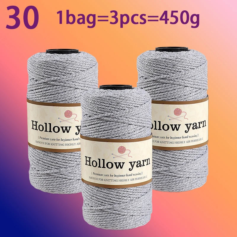 Three spools of Hollow yarn, 1 bag equals 3 pieces, totaling 450g for knitting and crochet.