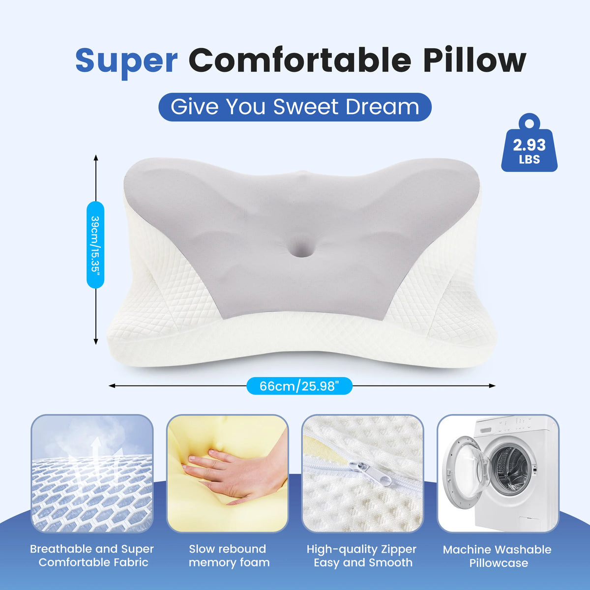 A white ergonomic memory foam pillow with a breathable fabric cover shown next to a washing machine.