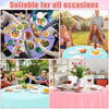 Various scenes showing round plastic disposable table covers used for different occasions and settings.