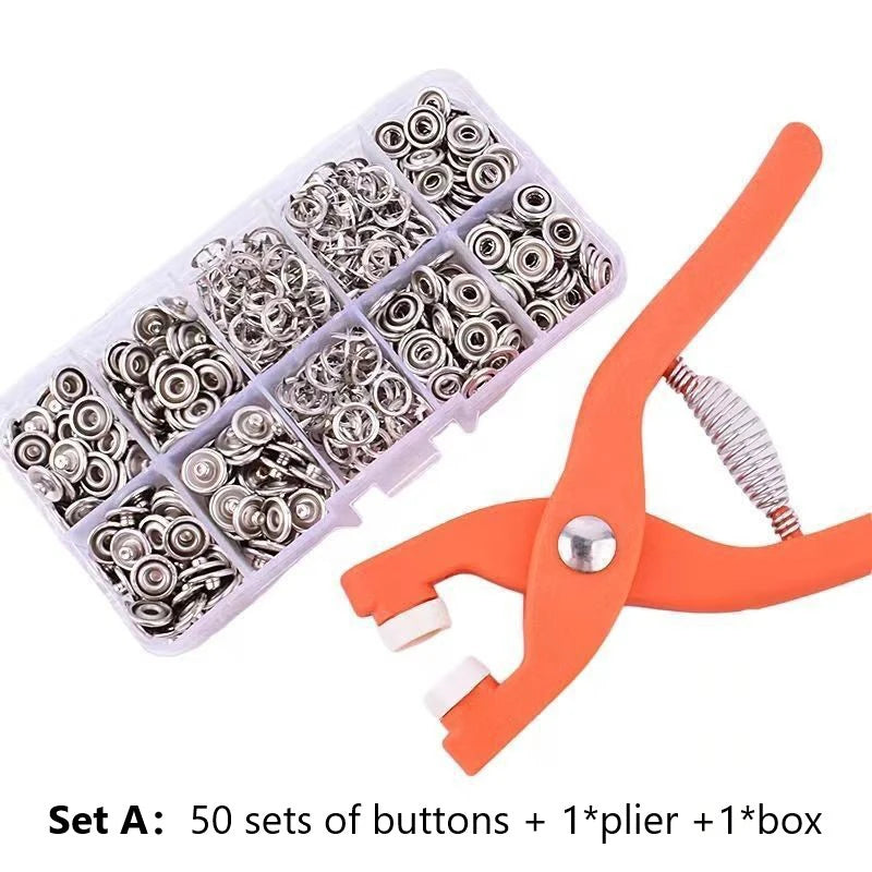A set of 50 button sets, a pair of pliers, and a box for fastener installation.