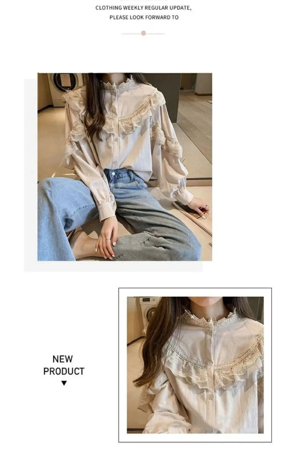 A woman models a cream-colored blouse with lace detailing and long sleeves, paired with blue jeans.