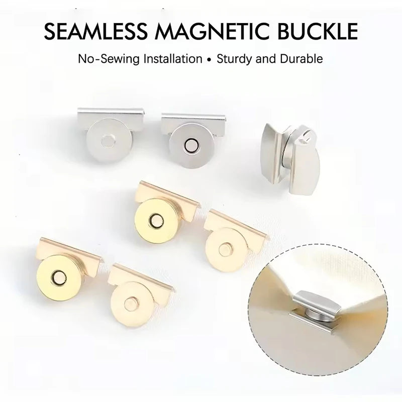 A set of metal seamless magnetic buckle closures in various sizes and finishes.
