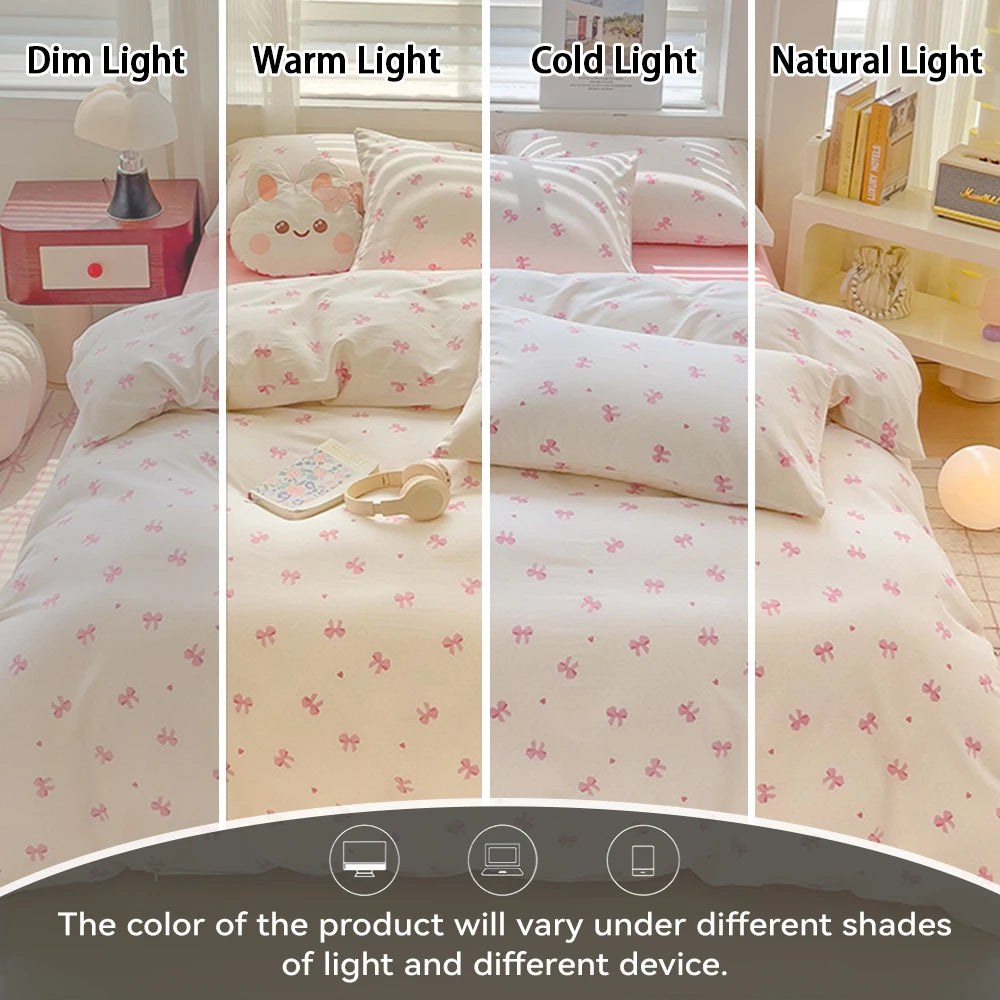 A set of pink bow printed duvet covers shown in various light shades: dim, warm, cold, and natural.