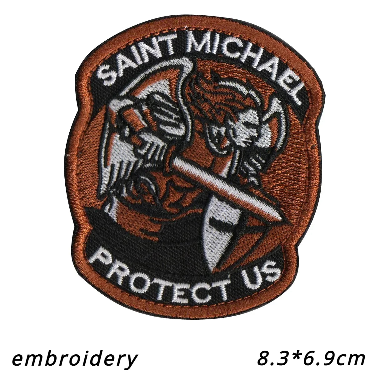 An embroidered patch featuring a winged figure holding a sword with the text SAINT MICHAEL PROTECT US on a brown background.