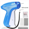 A blue Stitch Gun clothing repair tool with a needle box and several rows of sewing needles.