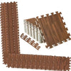A set of brown wood grain interlocking foam floor mats shown in various angles.