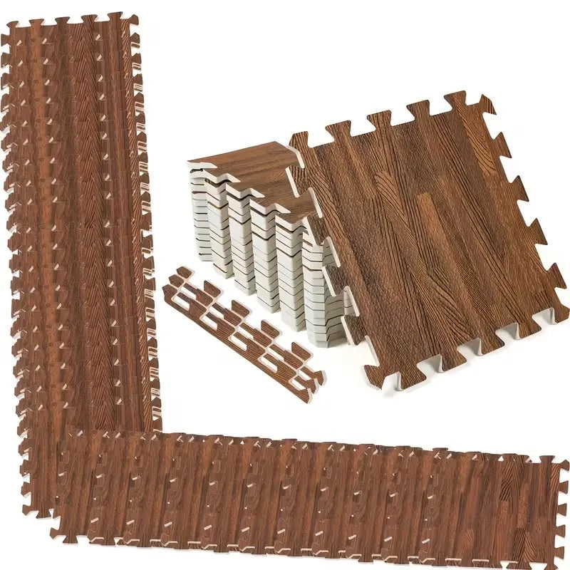 A set of brown wood grain interlocking foam floor mats shown in various angles.