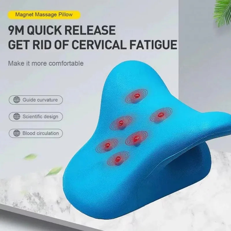 A bright blue magnetic massage pillow is shown on a white surface.