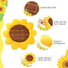 A yellow sunflower shaped throw pillow with brown accents and fluffy texture.