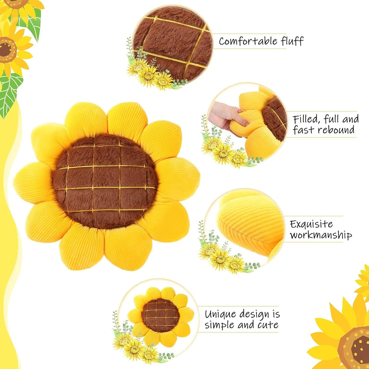 A yellow sunflower shaped throw pillow with brown accents and fluffy texture.