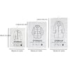 Three hanging vacuum storage bags for clothing showing different garments like a shirt, jacket, and sweater.