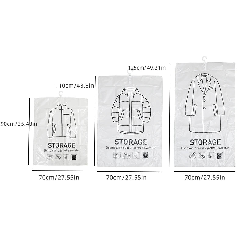 Three hanging vacuum storage bags for clothing showing different garments like a shirt, jacket, and sweater.