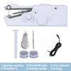 A white portable mini hand sewing machine with various accessories including a thread lift pole needle and plug.