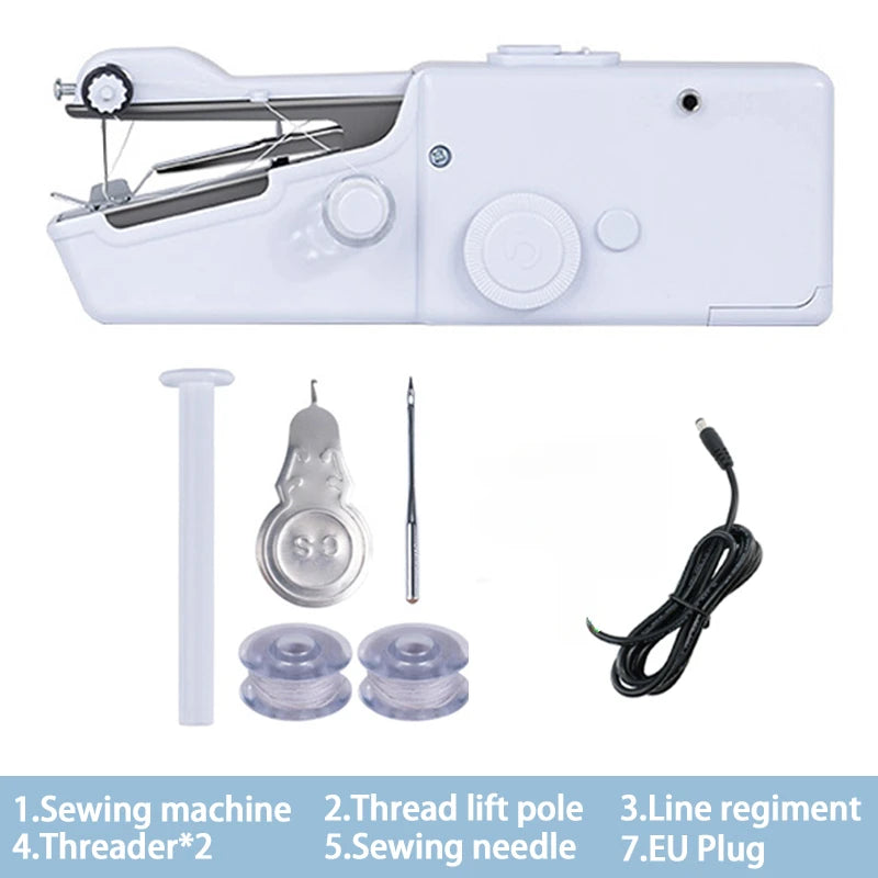 A white portable mini hand sewing machine with various accessories including a thread lift pole needle and plug.