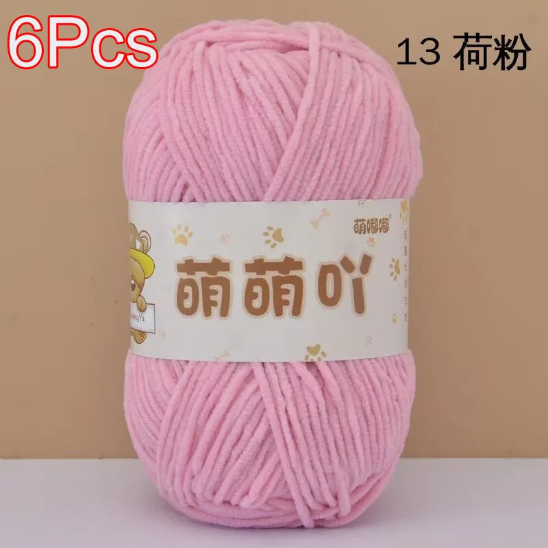 A skein of pink soft bulky chenille yarn is shown, packaged with a label indicating 6 pieces.