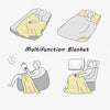 A yellow fleece blanket is shown being used by a person in various positions, including on a bed and while sitting.