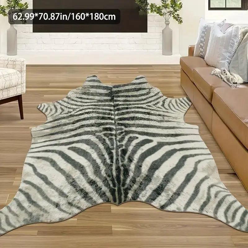 A rectangular gray and white zebra print rug placed on a wooden floor next to a brown sofa.
