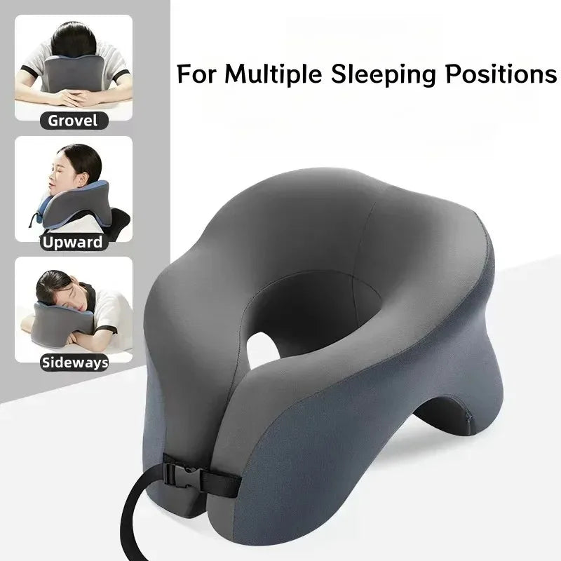 Gray memory foam U-shaped travel neck pillow shown with usage examples for multiple sleeping positions
