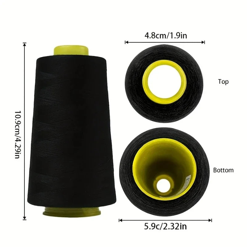 A roll of black polyester sewing thread with yellow accents shown from the side and top/bottom views.