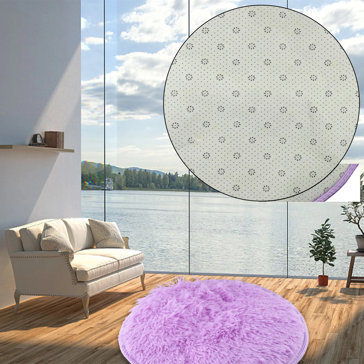 A fluffy purple shaggy round area rug placed on a wooden floor near a large window overlooking water.