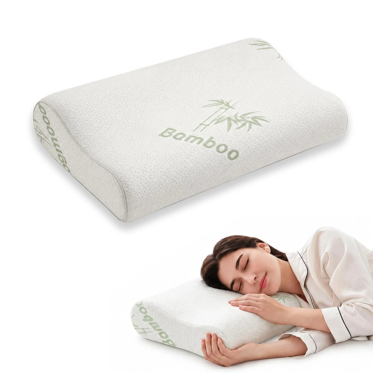A white contoured memory foam pillow with a light green bamboo cover resting on a person's head.