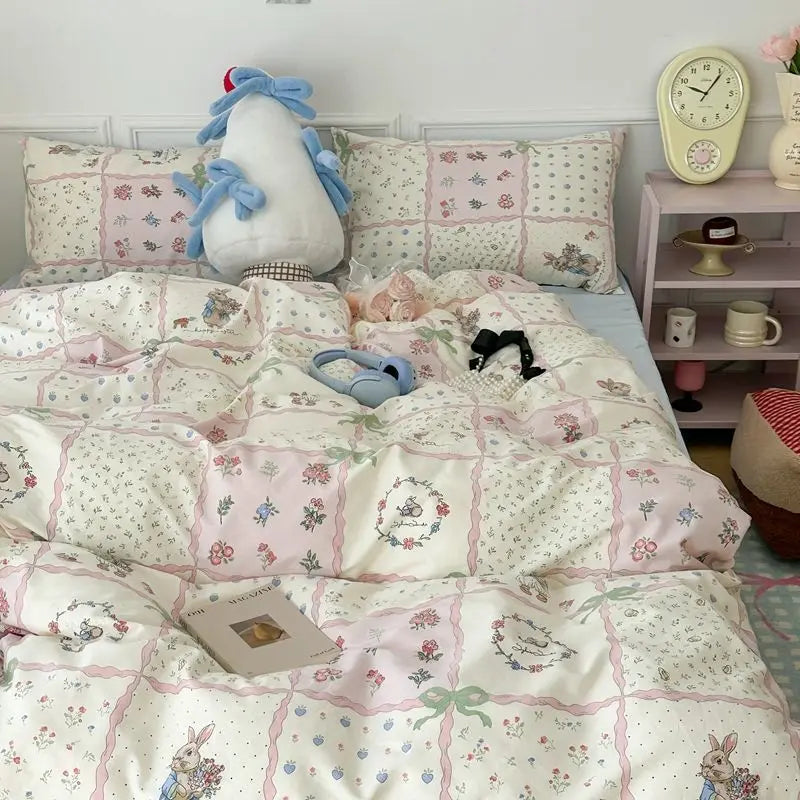 A pink floral bedding set featuring white and light pink patterns on a bed with a light wood frame.