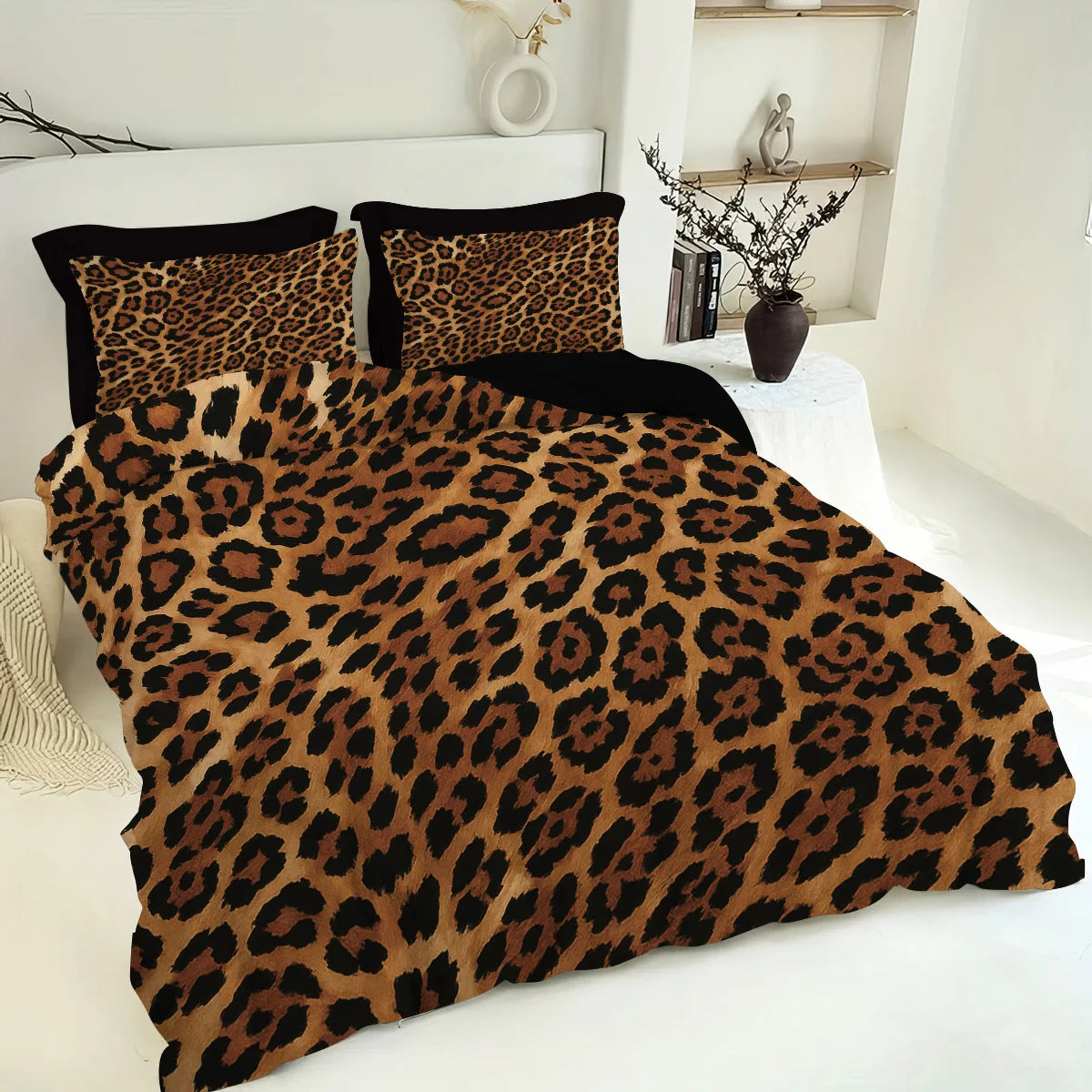 A leopard print duvet cover set featuring brown and black animal print fabric displayed on a bed.