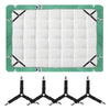 Four black adjustable bed sheet holder clips are shown, designed to secure a white quilted mattress pad.