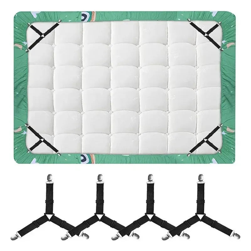 Four black adjustable bed sheet holder clips are shown, designed to secure a white quilted mattress pad.
