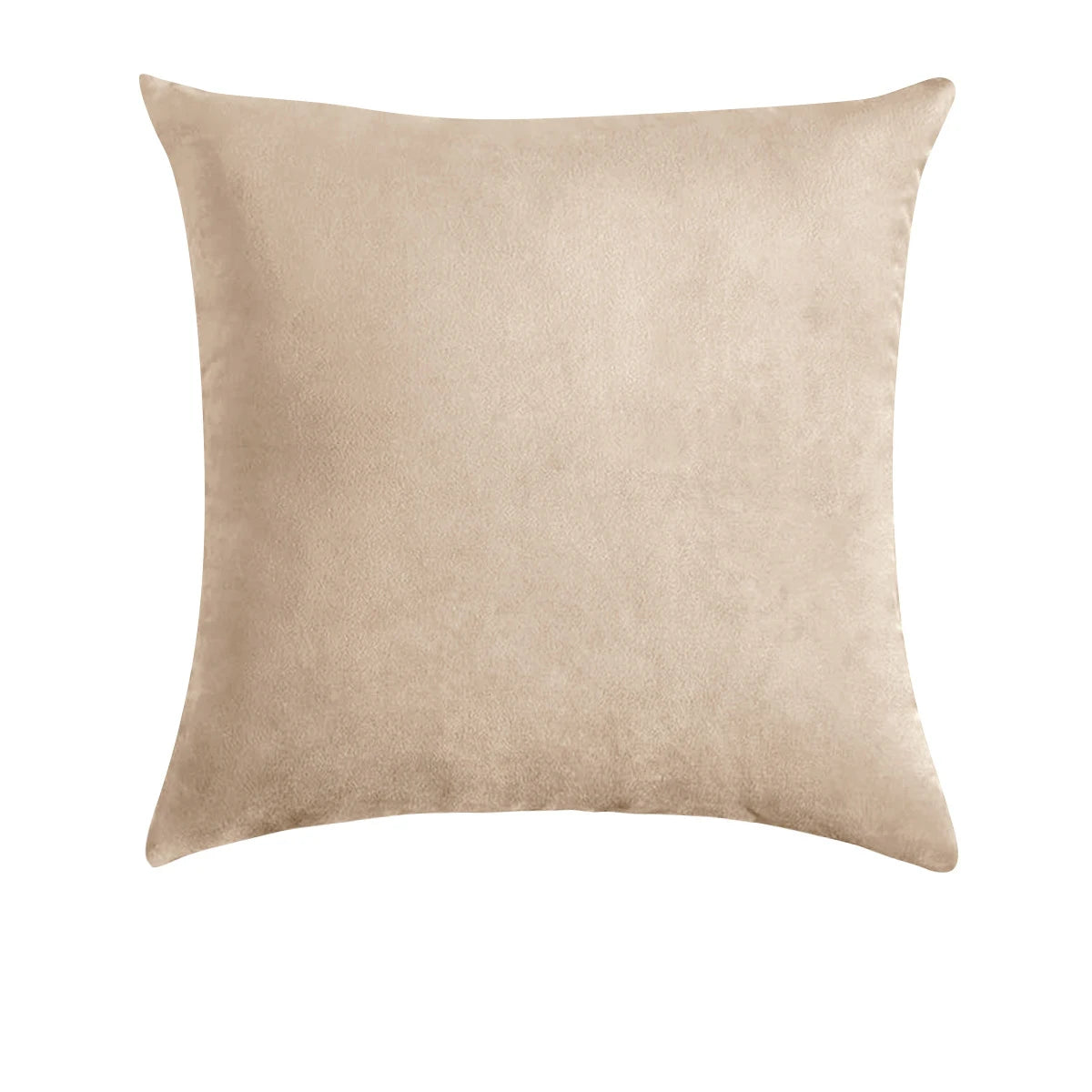 A square, tan velvet decorative pillow cover.