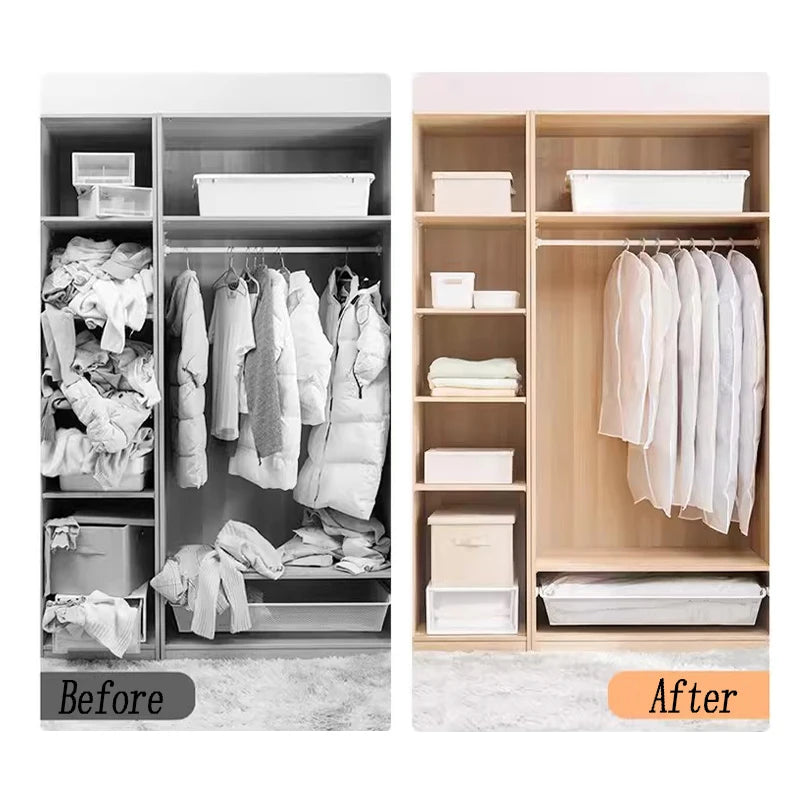 Before and after comparison of transparent zippered clothes storage bags in a cabinet.