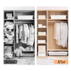 Before and after comparison of transparent zippered clothes storage bags in a cabinet.