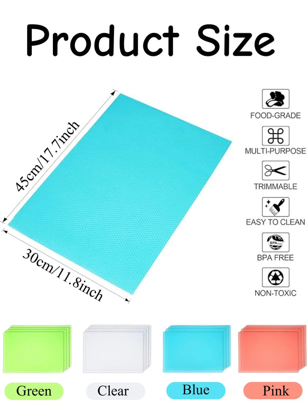 A set of reusable silicone fridge and drawer liners in green, clear, blue, and pink colors.