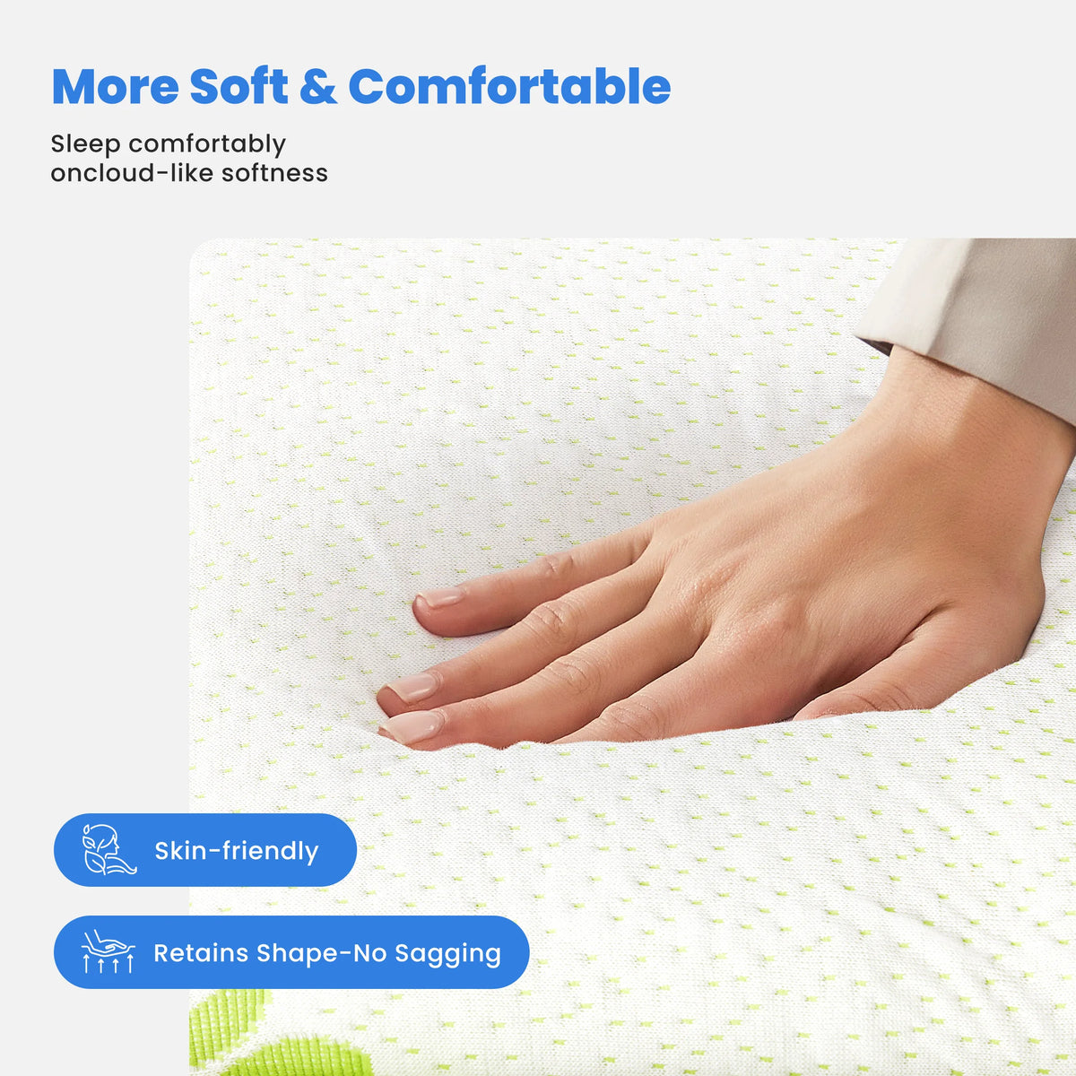 A hand rests on a white, textured mattress topper, highlighting its soft and comfortable surface.