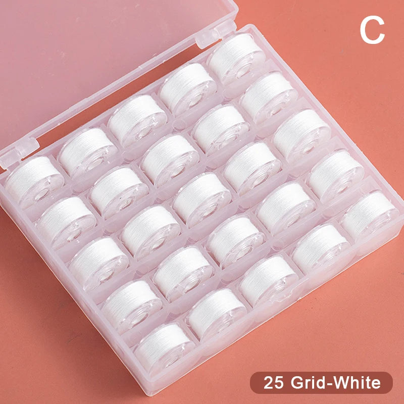 A clear plastic box containing 25 white grid sewing bobbins.